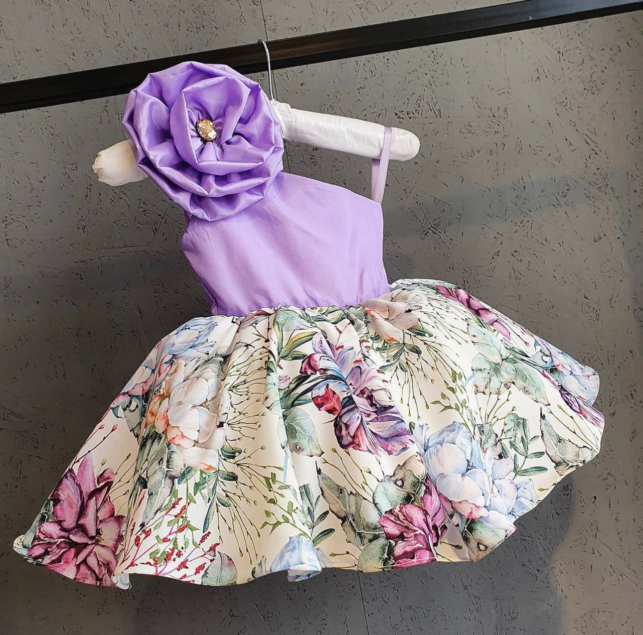 Girls Satin Floral Print Dress - Purple