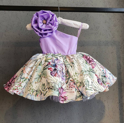 Girls Satin Floral Print Dress - Purple