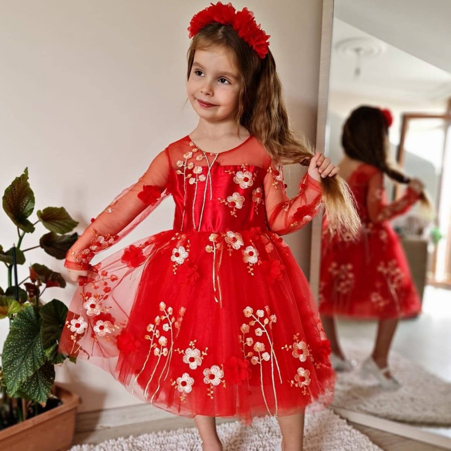 Meisjes jurk met bloemen | Rood