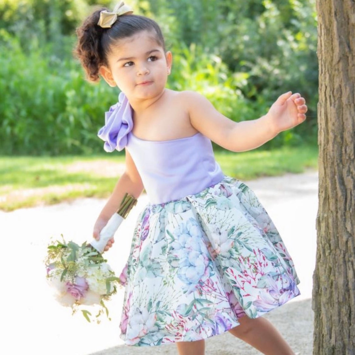 Girls Satin Floral Print Dress - Purple