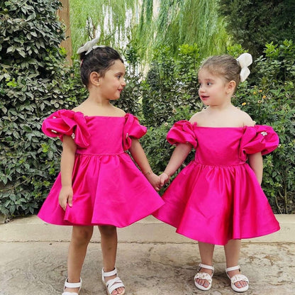 Girls satin dress with open shoulders - Fuchsia