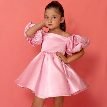 Girls Satin Dress with Open Shoulders - Pink