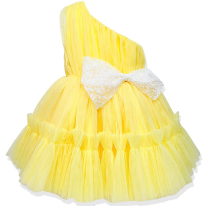 Girls Party Dress with Bow - Yellow