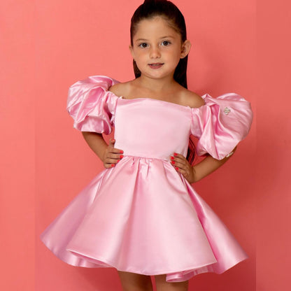 Girls Satin Dress with Open Shoulders - Pink